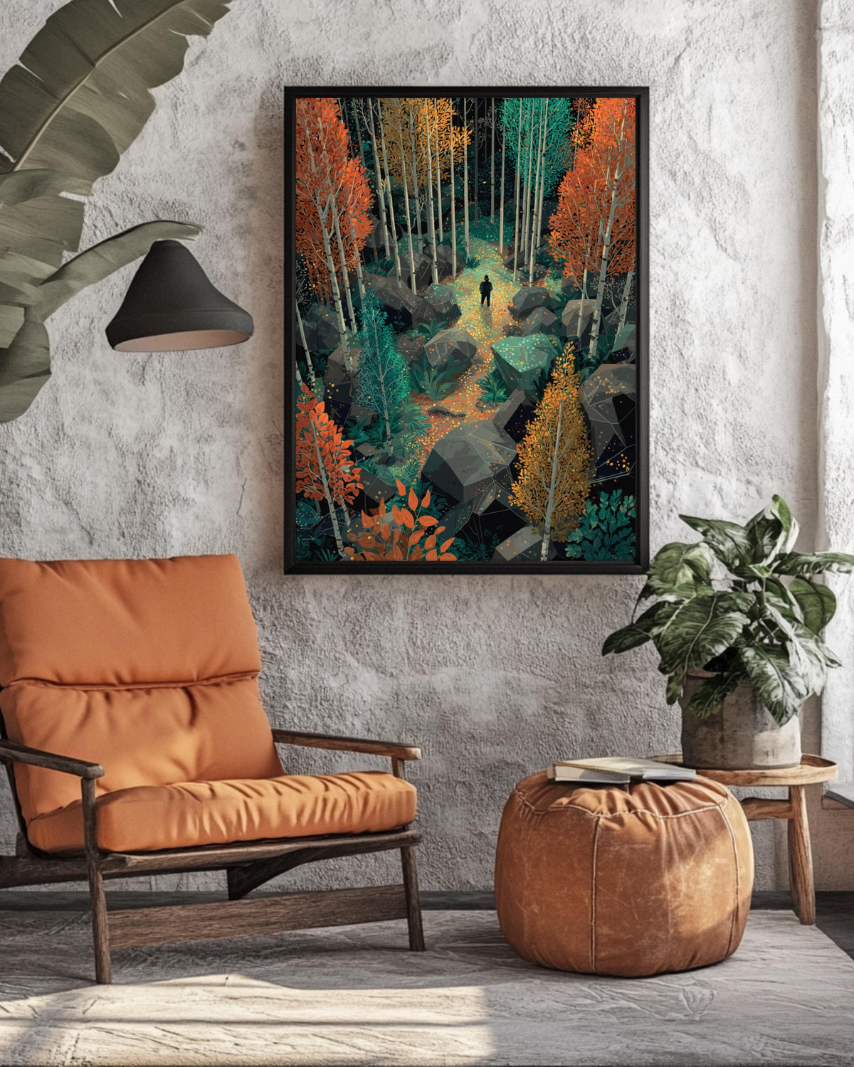 Autumn Forest Vector Art, Overhead Landscape with Tall Trees and Foliage, Geometric Nature Poster Canvas, Warm Fall Colors