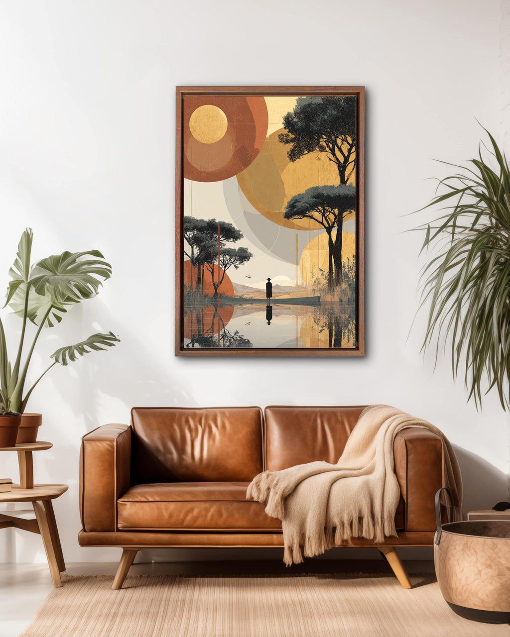 African Landscape Surreal Art, Woman Walking on Water Toward Figure, Abstract Sunset Poster Canvas, Beige Gold Red Minimalist