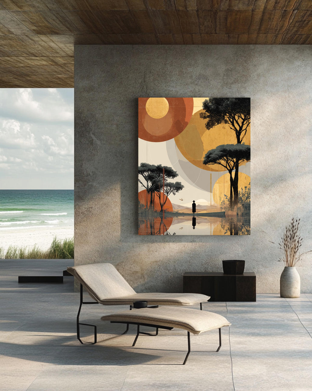 African Landscape Surreal Art, Woman Walking on Water Toward Figure, Abstract Sunset Poster Canvas, Beige Gold Red Minimalist