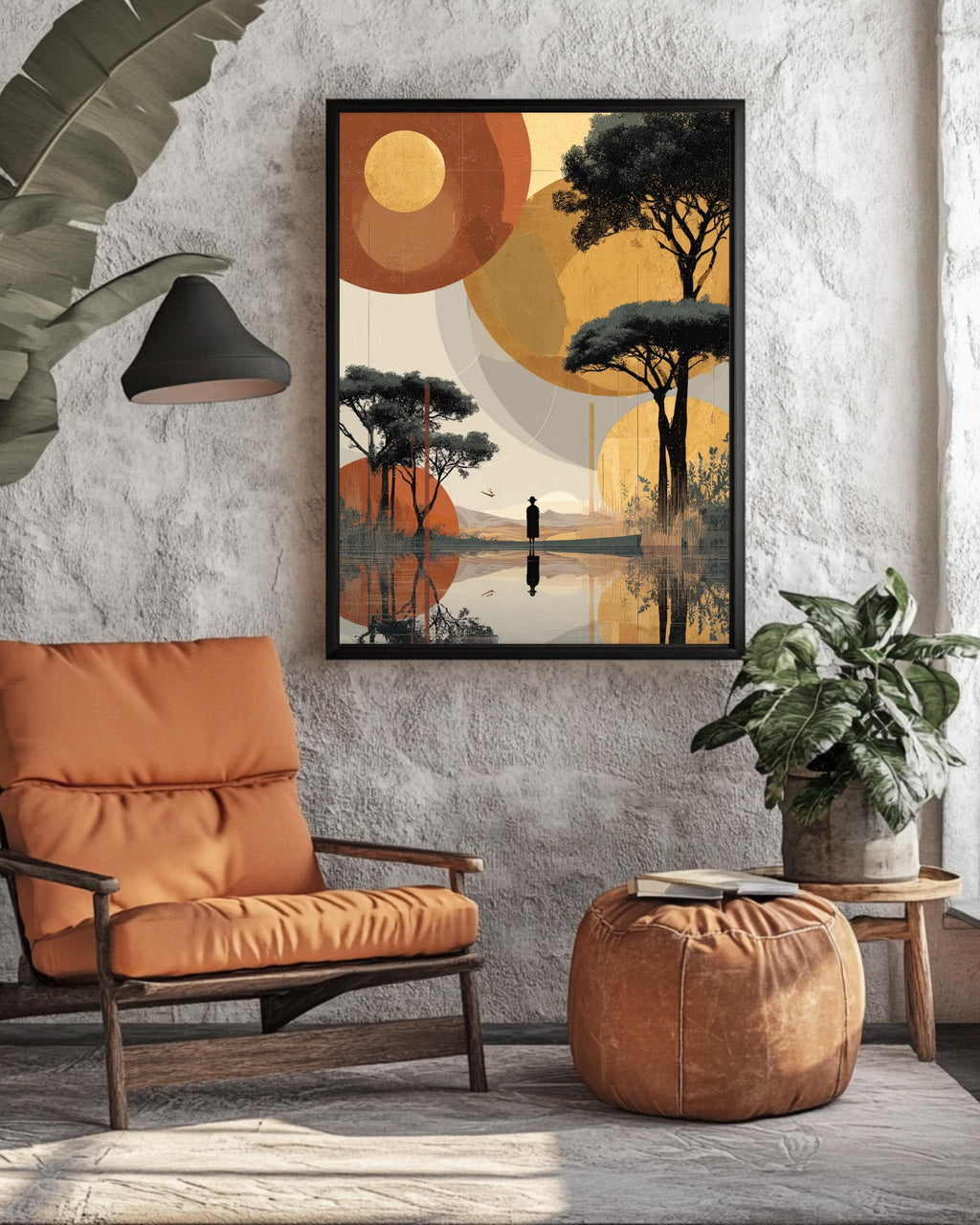 African Landscape Surreal Art, Woman Walking on Water Toward Figure, Abstract Sunset Poster Canvas, Beige Gold Red Minimalist