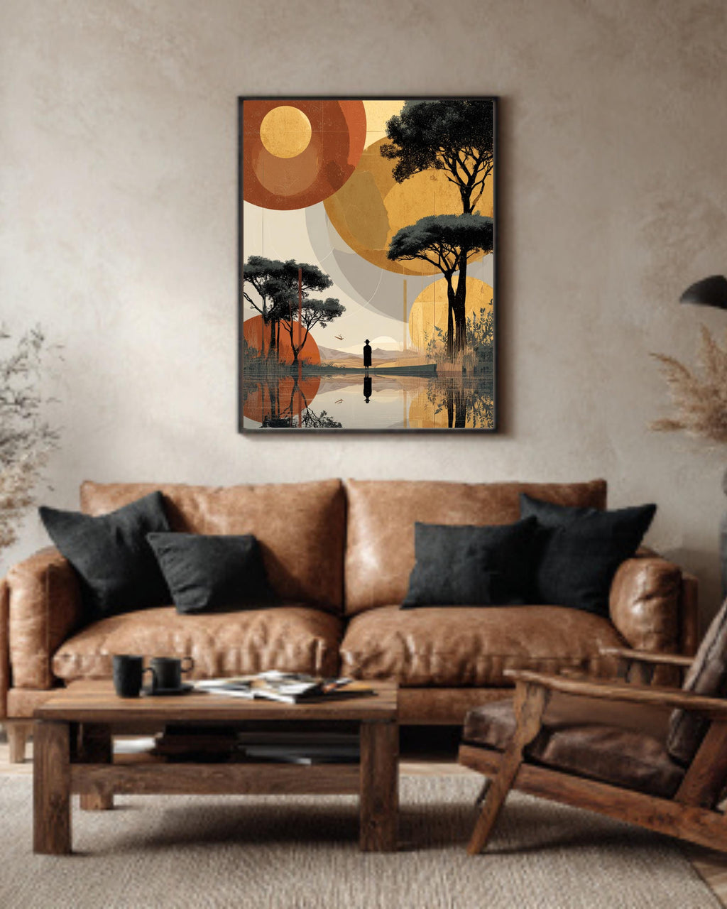 African Landscape Surreal Art, Woman Walking on Water Toward Figure, Abstract Sunset Poster Canvas, Beige Gold Red Minimalist