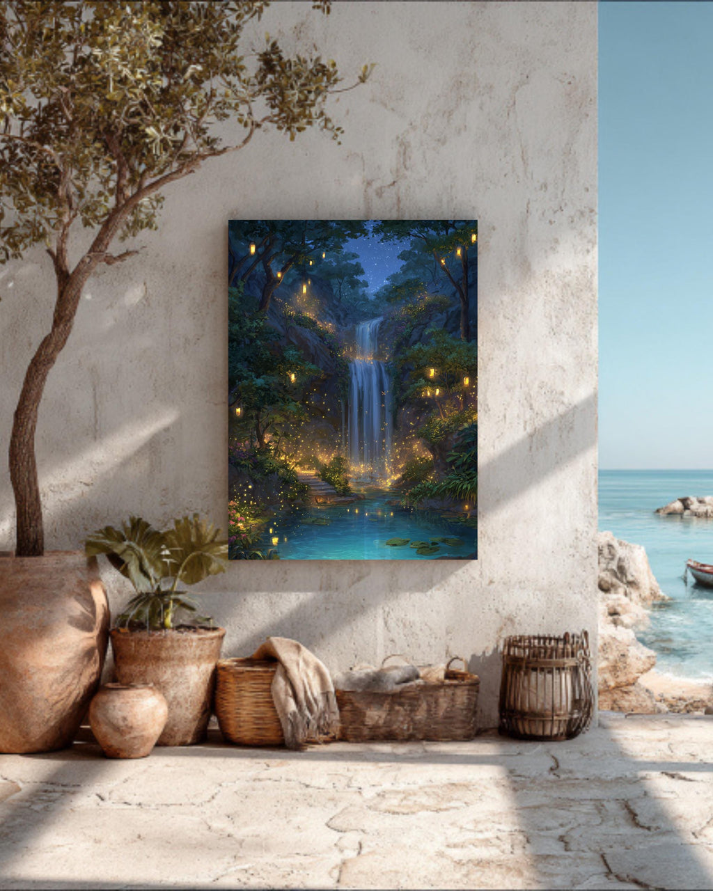 Enchanted Waterfall Landscape Art Print with Glowing Lanterns & Lush Greenery  Magical Forest Fantasy Wall Decor Poster Canvas