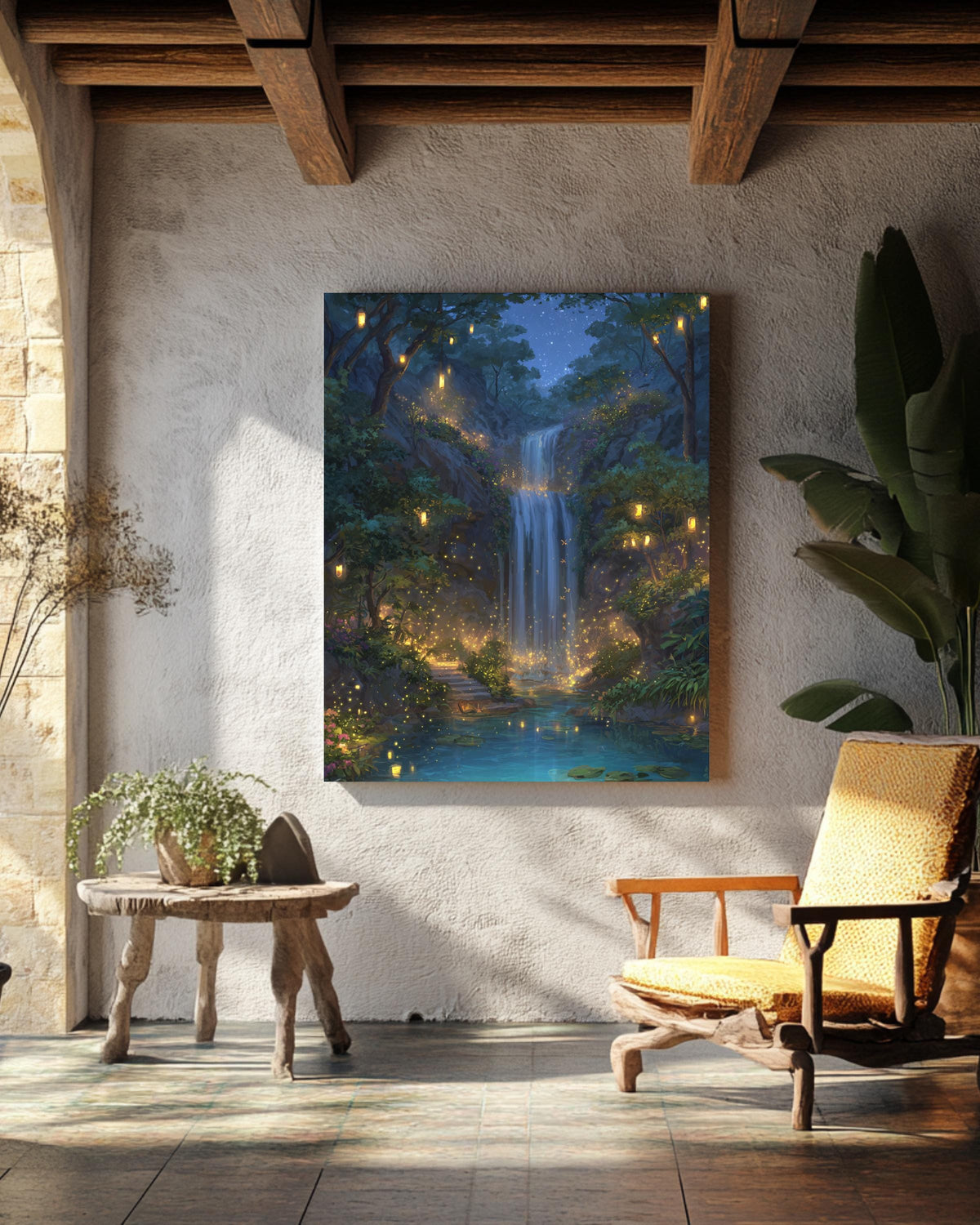 Enchanted Waterfall Landscape Art Print with Glowing Lanterns & Lush Greenery  Magical Forest Fantasy Wall Decor Poster Canvas