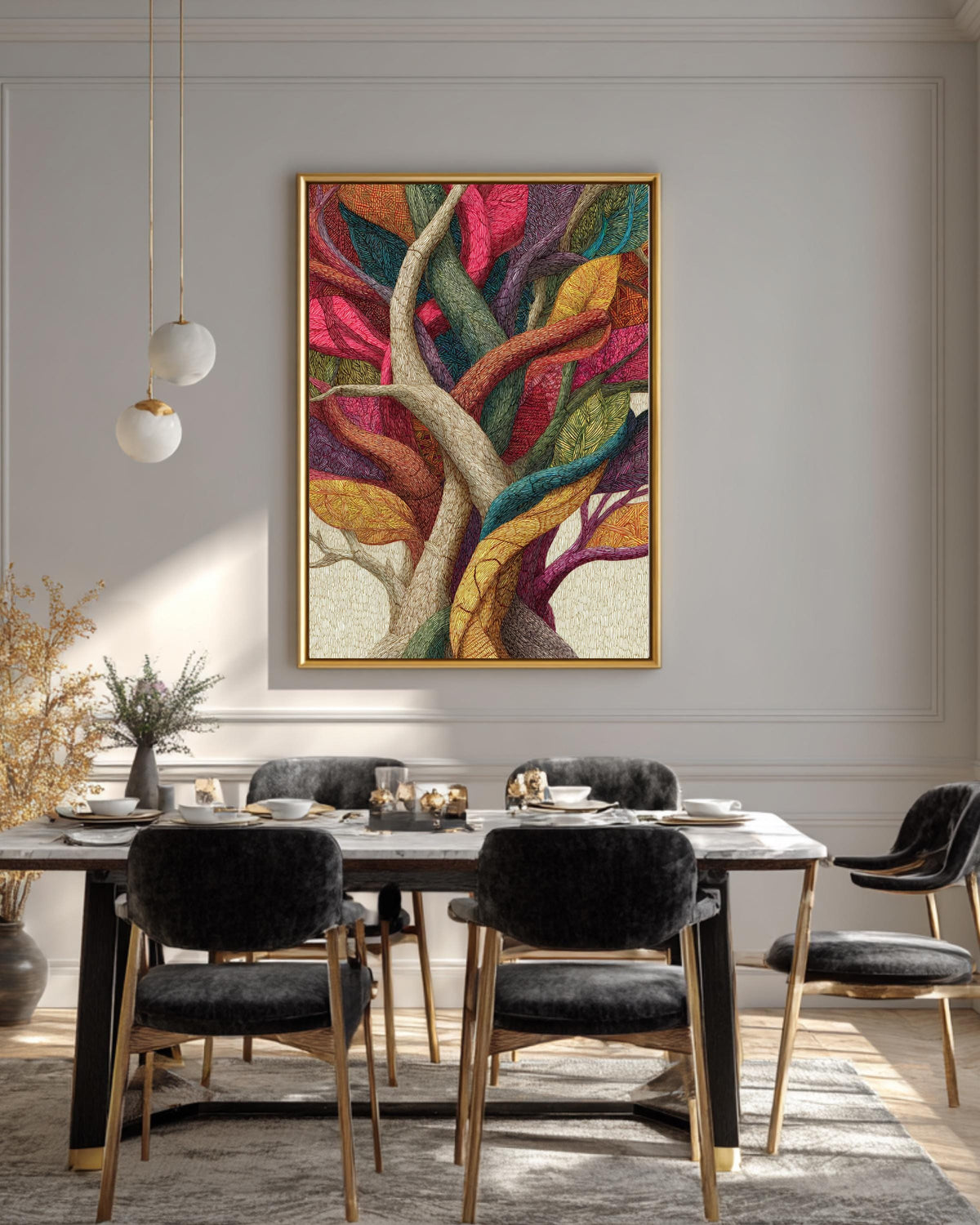 Colorful Patterned Tree Art Print with Intertwined Branches & Textured Trunk  Vibrant Abstract Nature Illustration Wall Decor Poster Canvas