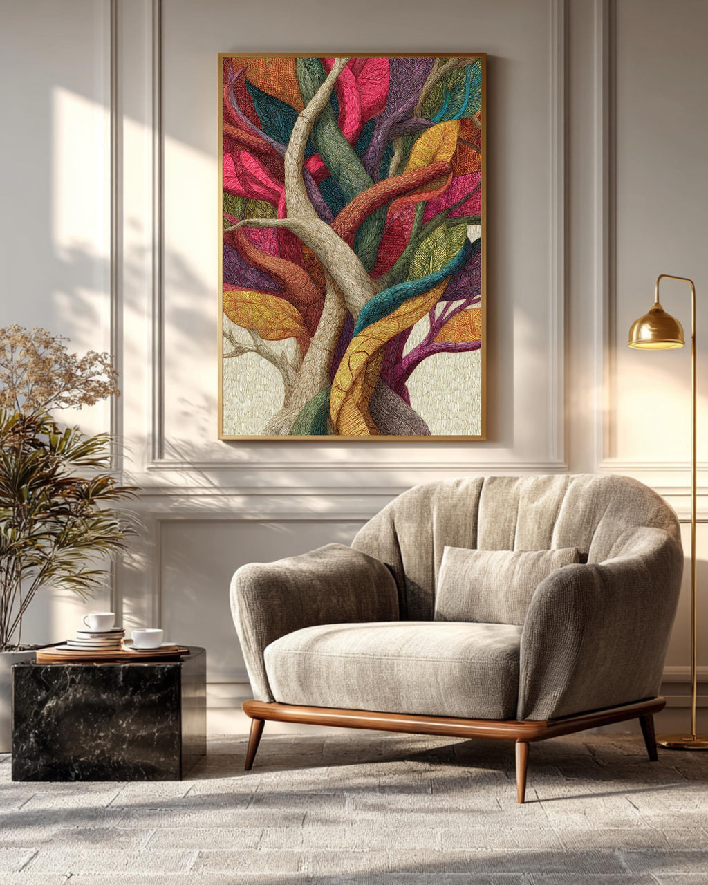 Colorful Patterned Tree Art Print with Intertwined Branches & Textured Trunk  Vibrant Abstract Nature Illustration Wall Decor Poster Canvas