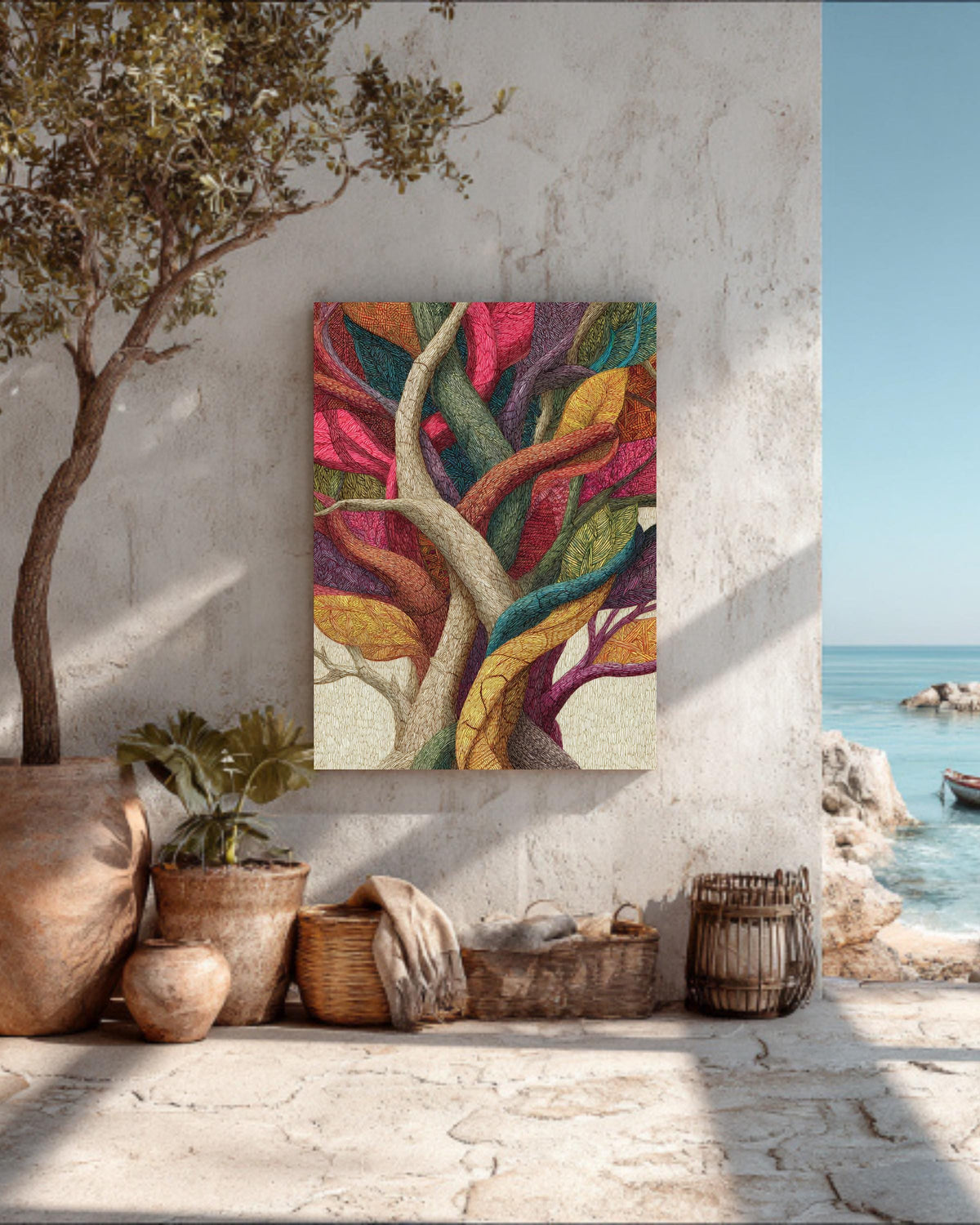 Colorful Patterned Tree Art Print with Intertwined Branches & Textured Trunk  Vibrant Abstract Nature Illustration Wall Decor Poster Canvas