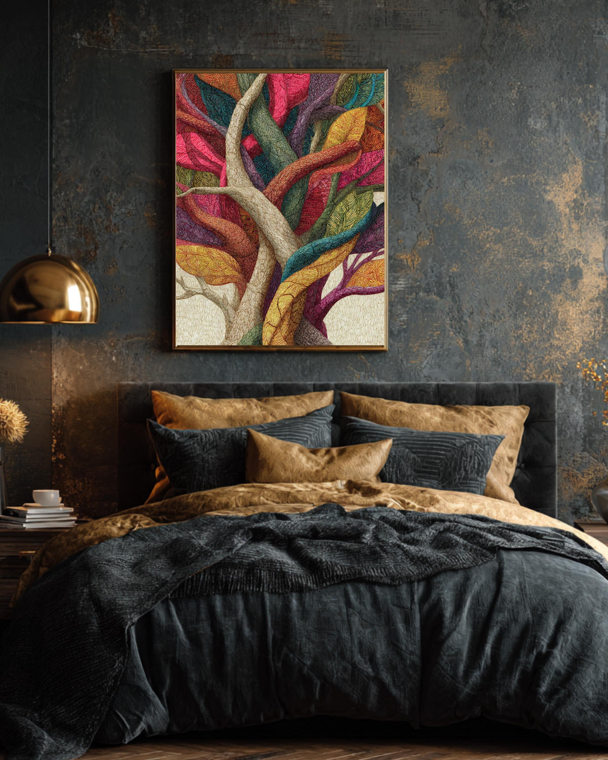 Colorful Patterned Tree Art Print with Intertwined Branches & Textured Trunk  Vibrant Abstract Nature Illustration Wall Decor Poster Canvas