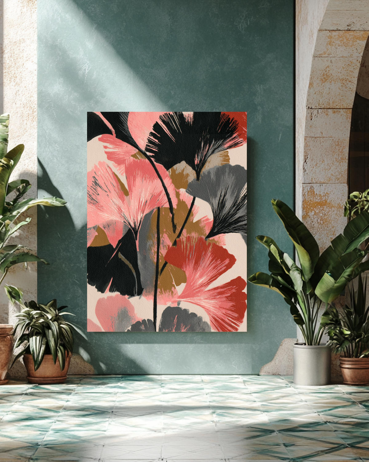 Abstract Ginkgo Leaf Art Print  Bold Gouache & Pop Art-Inspired, Screen Printing Style, Modern Botanical Wall Decor