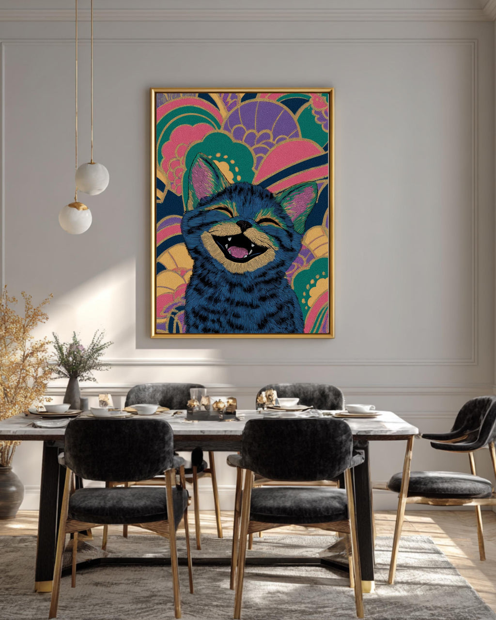 Smiling Cute Kitten Art Print  Louis Wain-Inspired Illustration, Colorful Whimsical Wallpaper Design, Playful Cat Wall Decor
