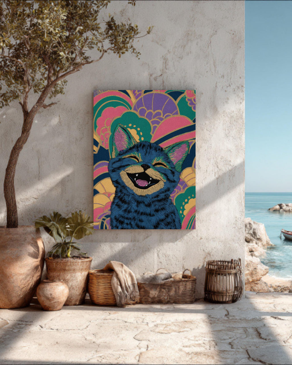 Smiling Cute Kitten Art Print  Louis Wain-Inspired Illustration, Colorful Whimsical Wallpaper Design, Playful Cat Wall Decor