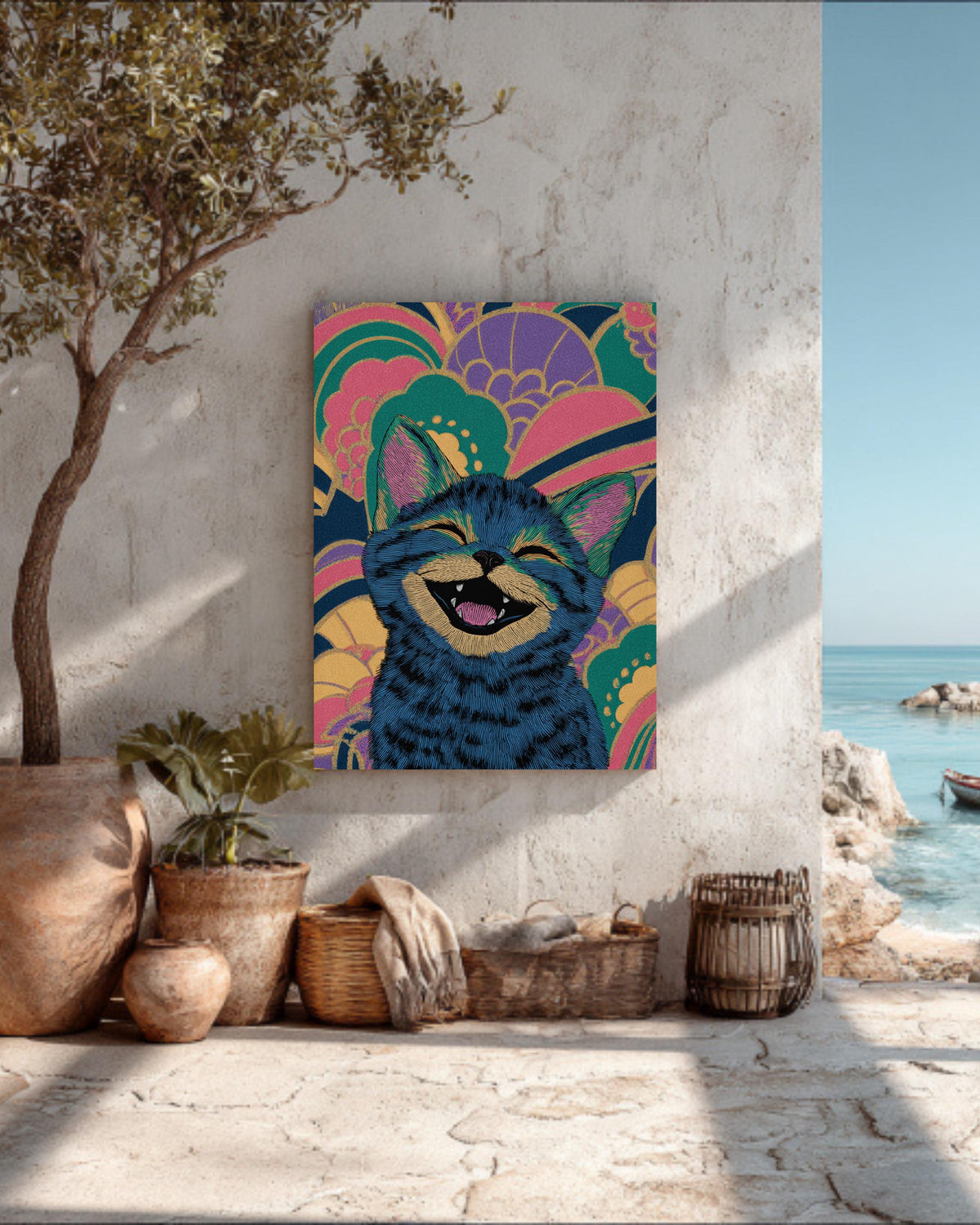 Smiling Cute Kitten Art Print  Louis Wain-Inspired Illustration, Colorful Whimsical Wallpaper Design, Playful Cat Wall Decor