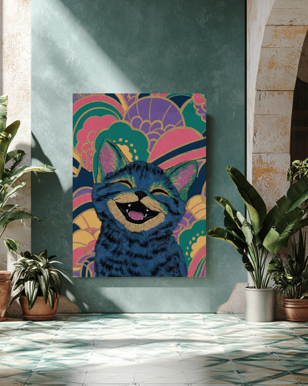 Smiling Cute Kitten Art Print  Louis Wain-Inspired Illustration, Colorful Whimsical Wallpaper Design, Playful Cat Wall Decor