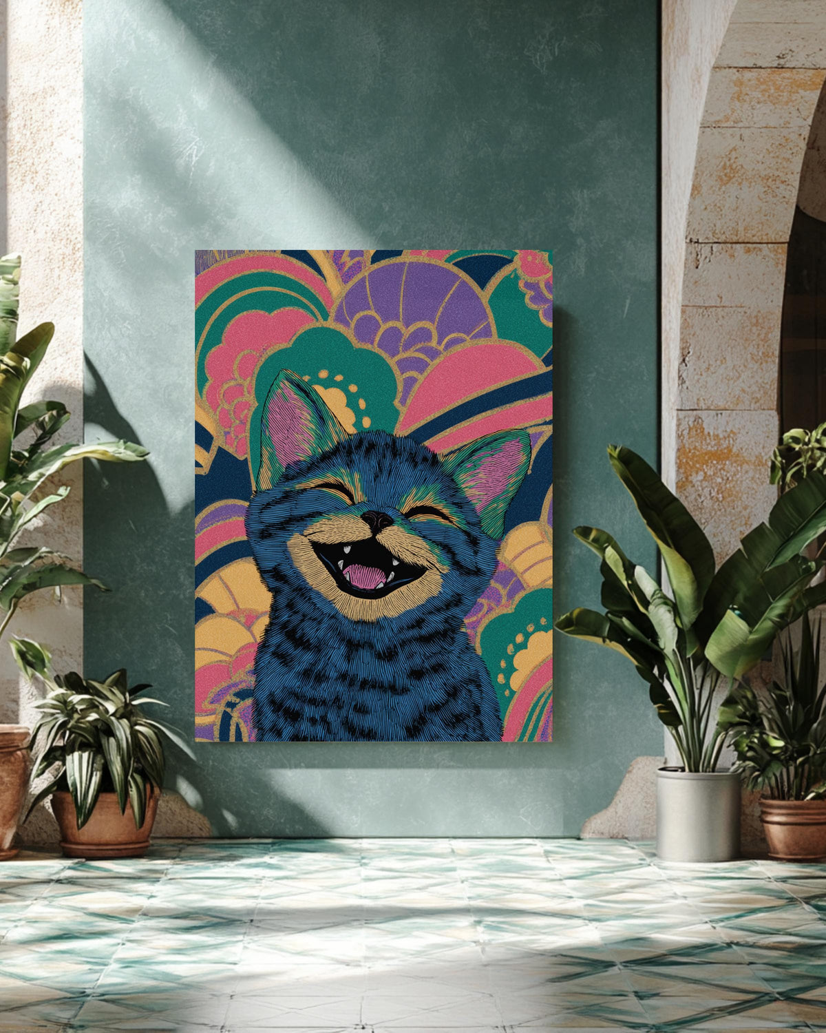 Smiling Cute Kitten Art Print  Louis Wain-Inspired Illustration, Colorful Whimsical Wallpaper Design, Playful Cat Wall Decor
