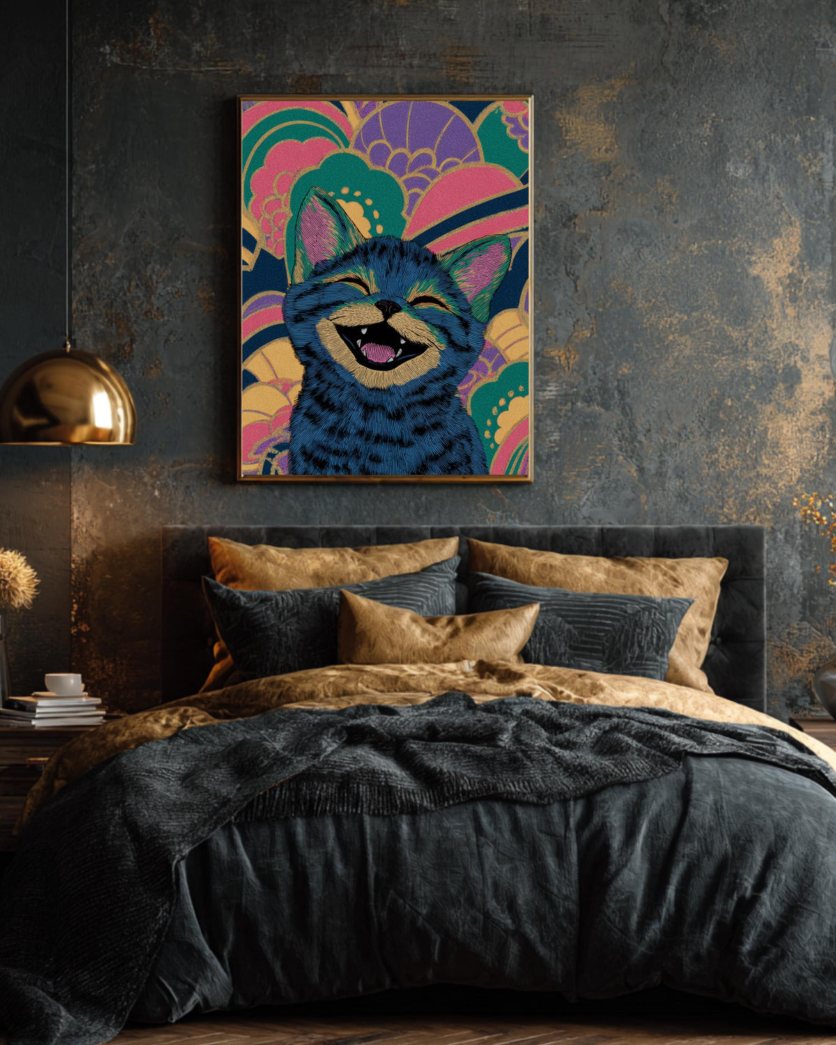 Smiling Cute Kitten Art Print  Louis Wain-Inspired Illustration, Colorful Whimsical Wallpaper Design, Playful Cat Wall Decor