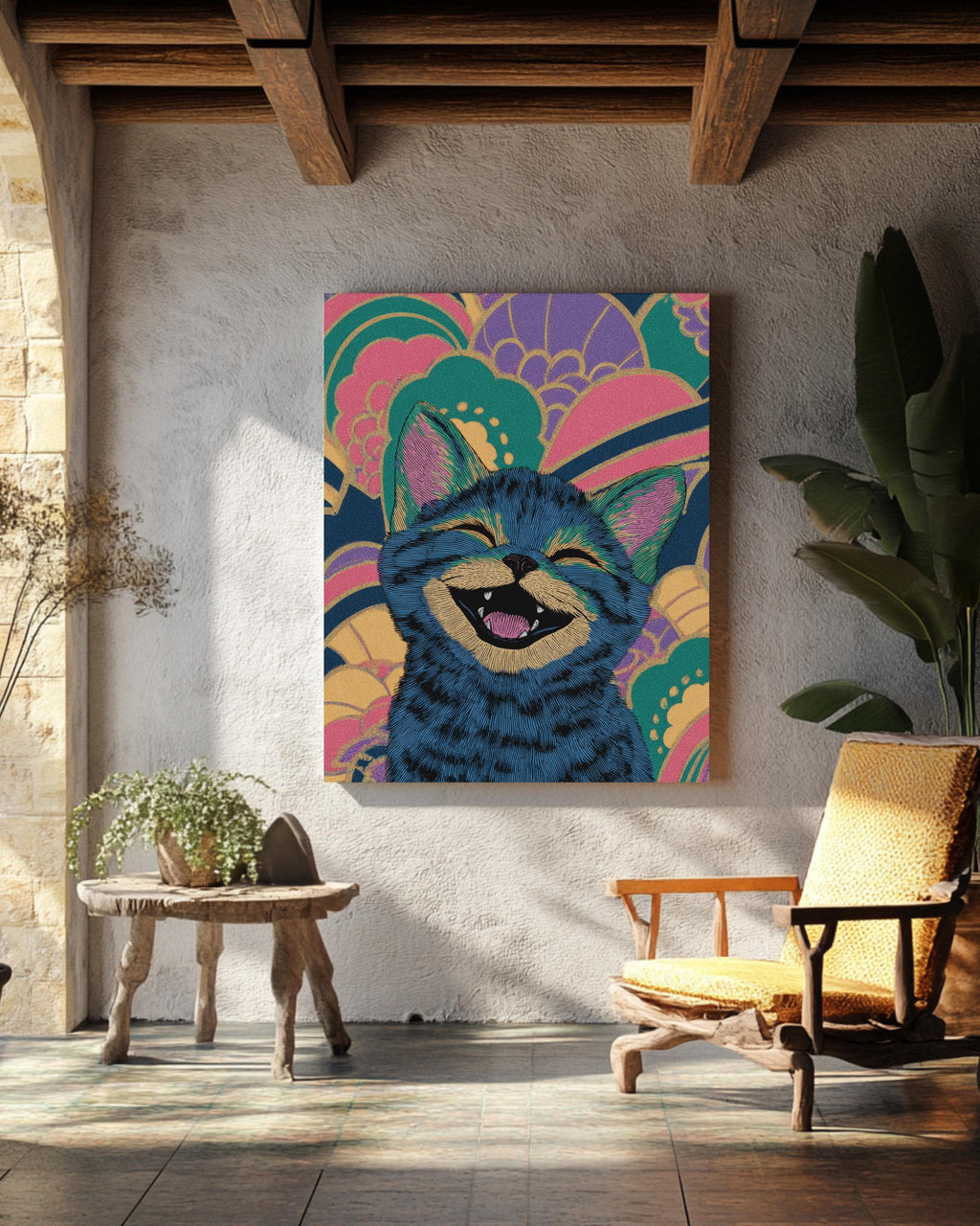 Smiling Cute Kitten Art Print  Louis Wain-Inspired Illustration, Colorful Whimsical Wallpaper Design, Playful Cat Wall Decor