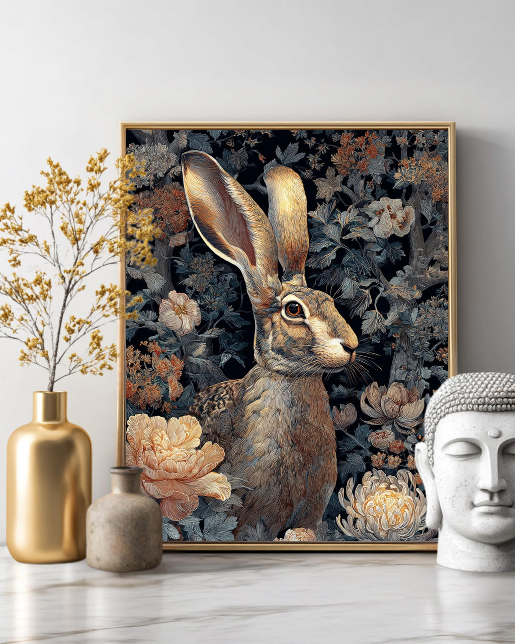 Forest Art Print  Stunning Painting of a Mythical Jackalope Amid Flowers, Whimsical Wildlife Illustration for Nature & Fantasy Wall Decor