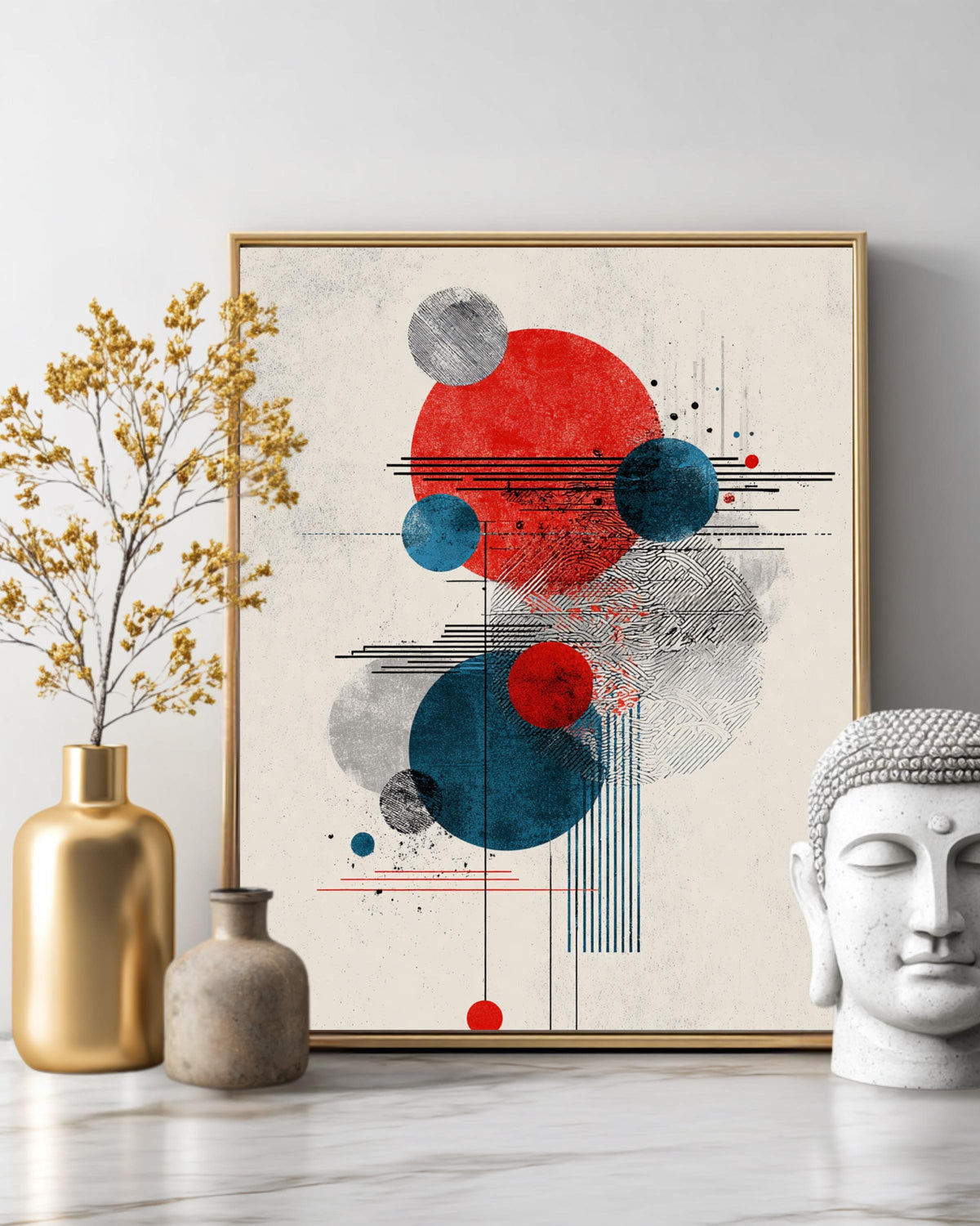 Abstract Circle Composition Art Print  Minimalist Graphic Design with Three Circles, Japanese Woodblock Print-Inspired Modern Wall Decor