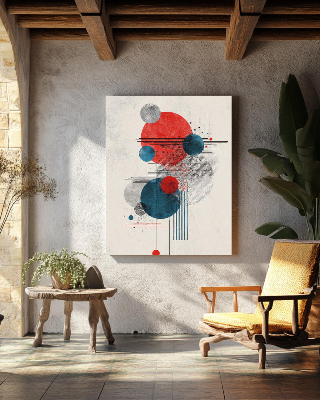 Abstract Circle Composition Art Print  Minimalist Graphic Design with Three Circles, Japanese Woodblock Print-Inspired Modern Wall Decor
