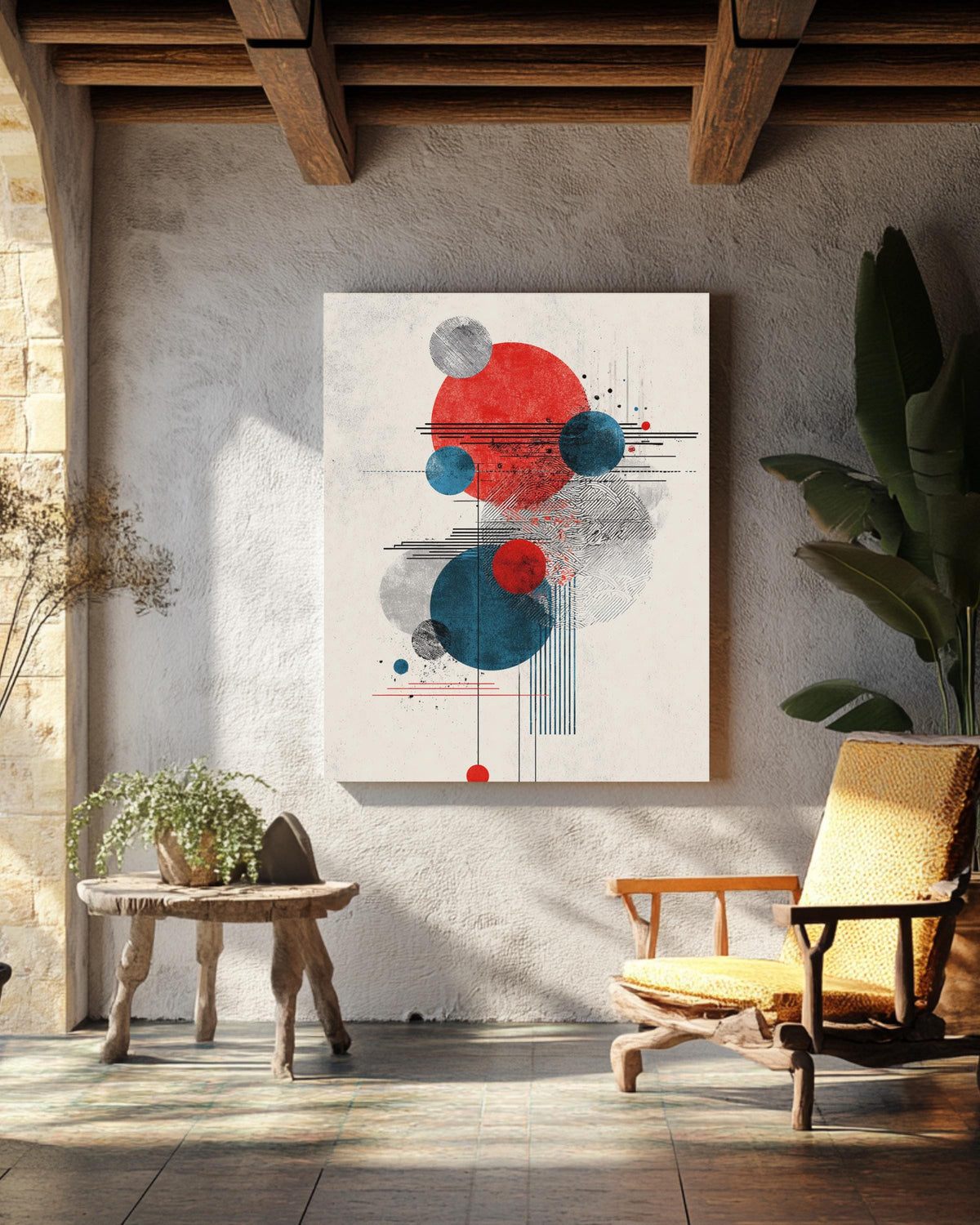 Abstract Circle Composition Art Print  Minimalist Graphic Design with Three Circles, Japanese Woodblock Print-Inspired Modern Wall Decor
