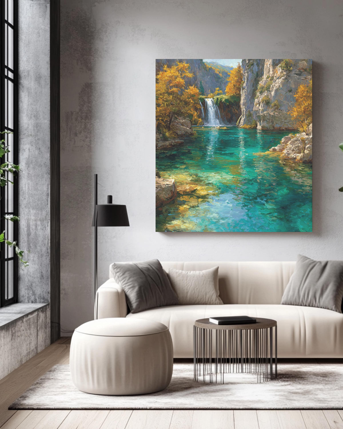 Turquoise Waterfall Canyon Landscape Painting, Vibrant Autumn Forest Lake Wall Art, Tranquil Nature Scenic Poster Canv