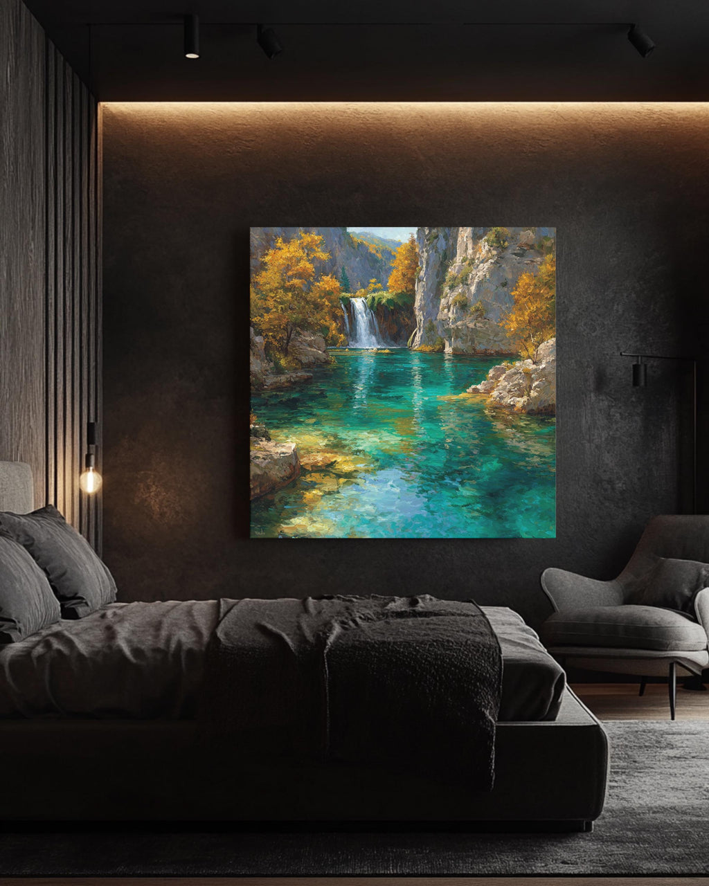 Turquoise Waterfall Canyon Landscape Painting, Vibrant Autumn Forest Lake Wall Art, Tranquil Nature Scenic Poster Canv