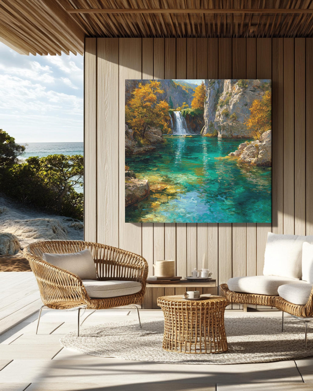 Turquoise Waterfall Canyon Landscape Painting, Vibrant Autumn Forest Lake Wall Art, Tranquil Nature Scenic Poster Canv