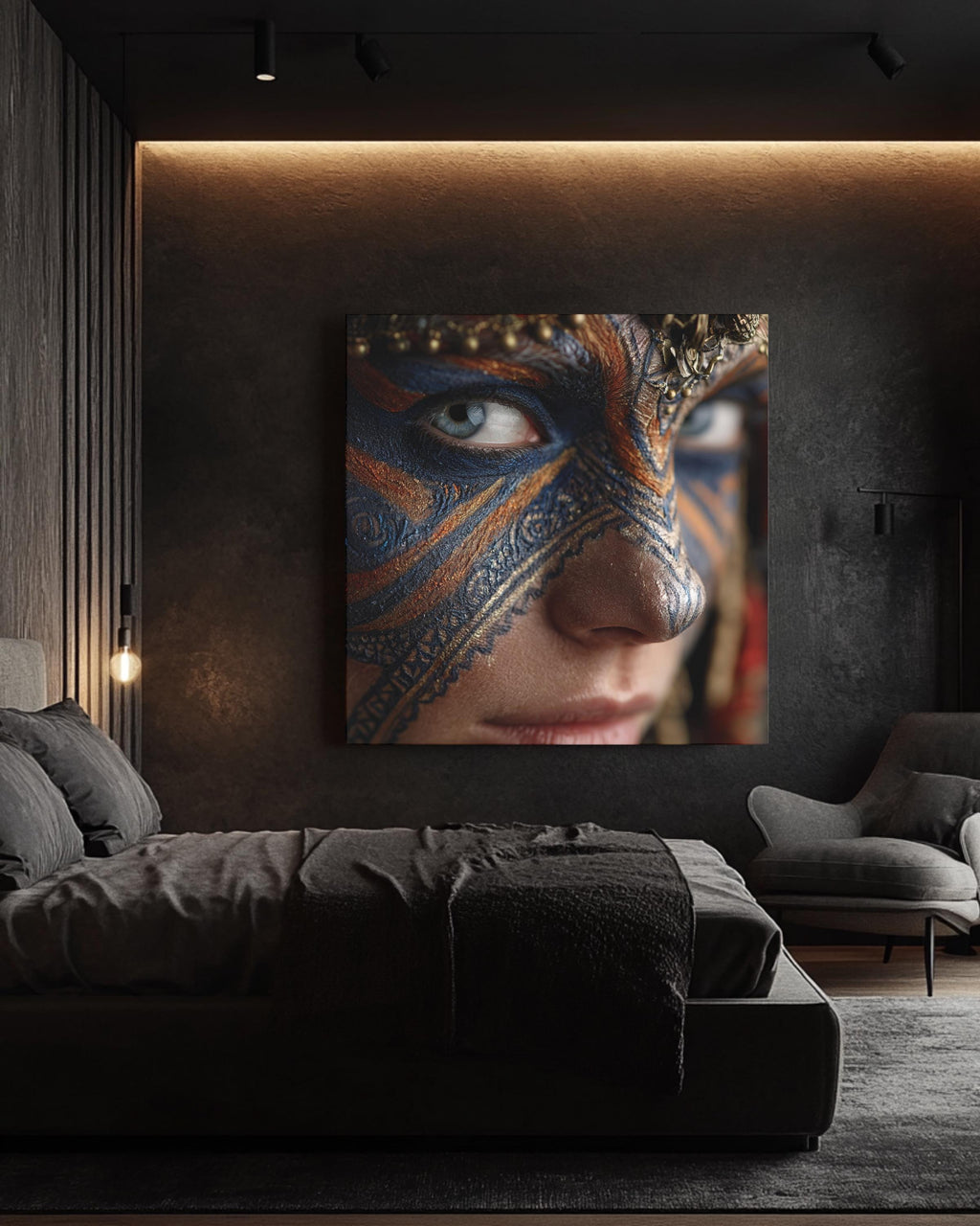 Warrior Face Paint Portrait, Tribal Blue and Gold Mask Art, Bold Cultural Expression Poster Canvas Print