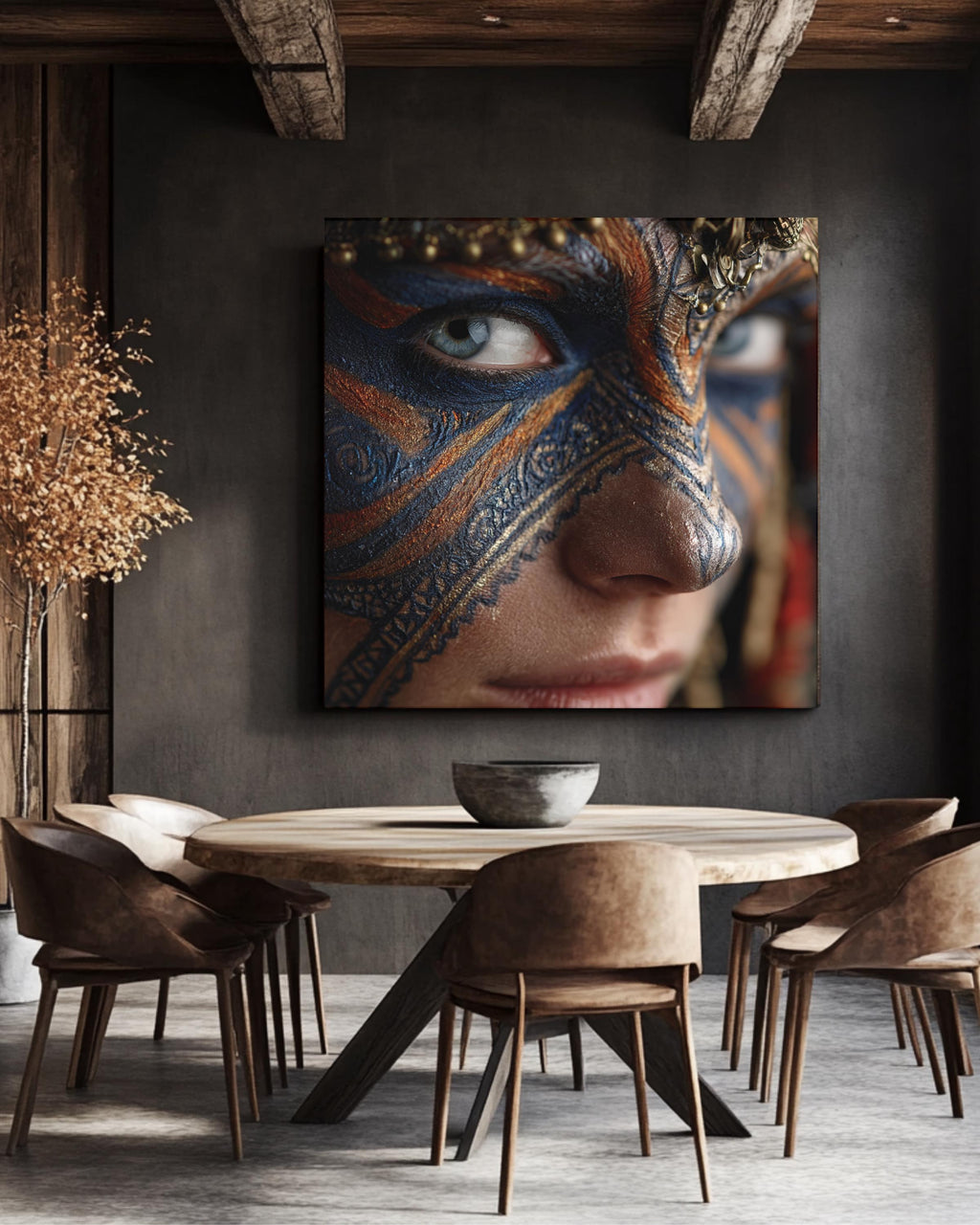 Warrior Face Paint Portrait, Tribal Blue and Gold Mask Art, Bold Cultural Expression Poster Canvas Print