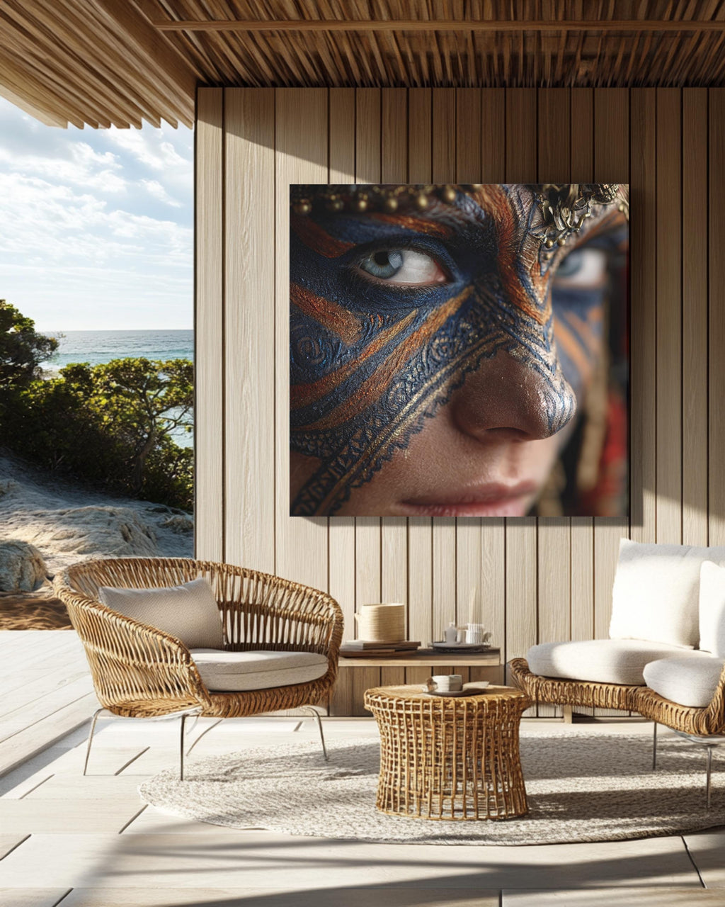 Warrior Face Paint Portrait, Tribal Blue and Gold Mask Art, Bold Cultural Expression Poster Canvas Print
