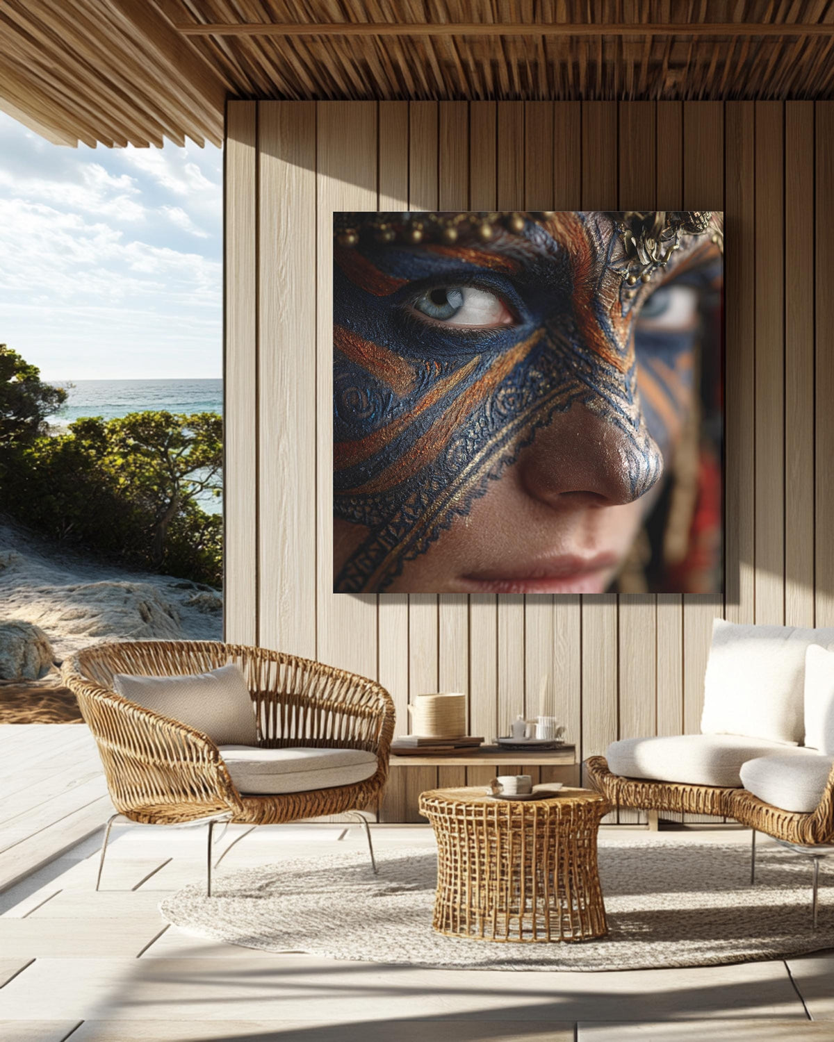 Warrior Face Paint Portrait, Tribal Blue and Gold Mask Art, Bold Cultural Expression Poster Canvas Print