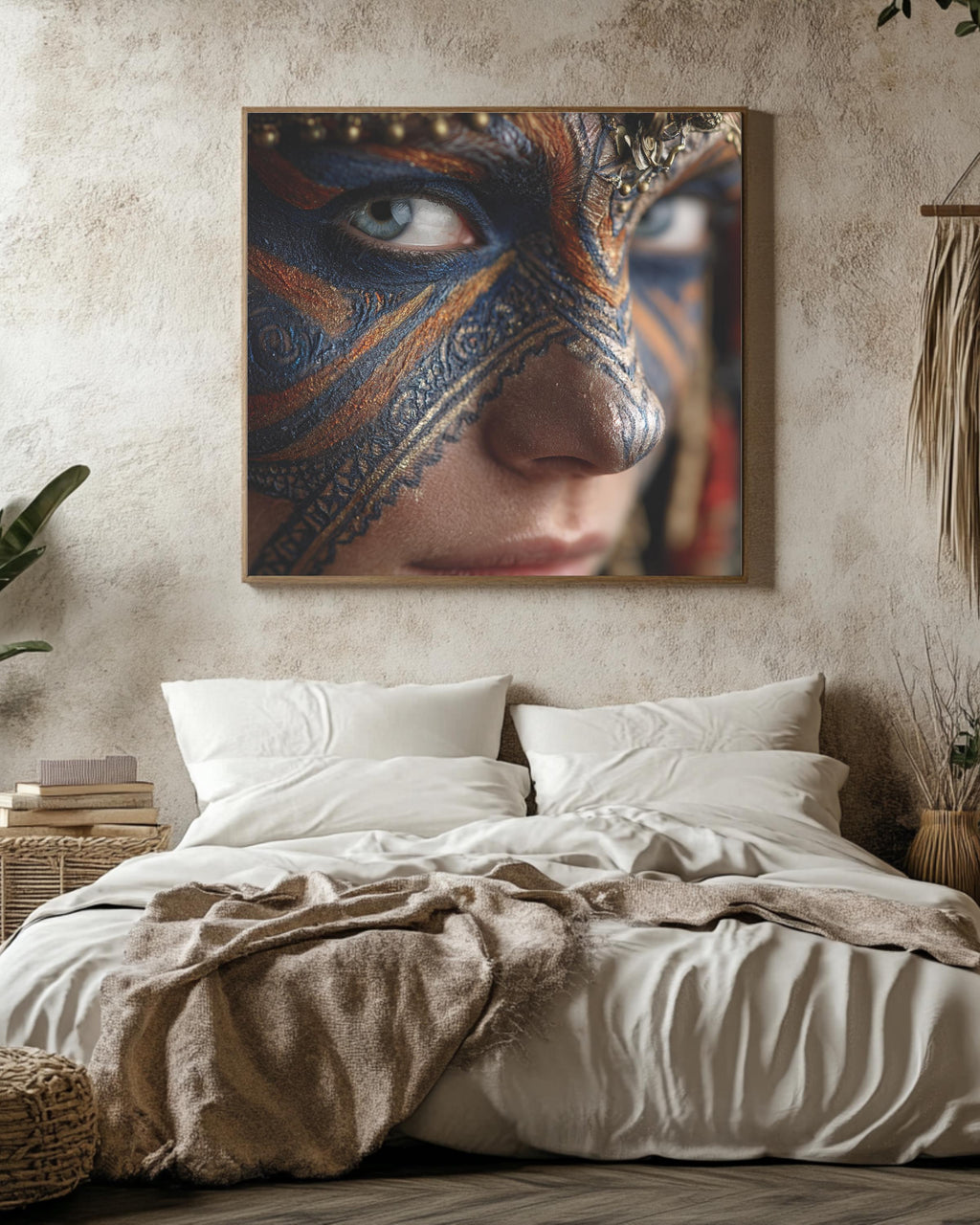 Warrior Face Paint Portrait, Tribal Blue and Gold Mask Art, Bold Cultural Expression Poster Canvas Print