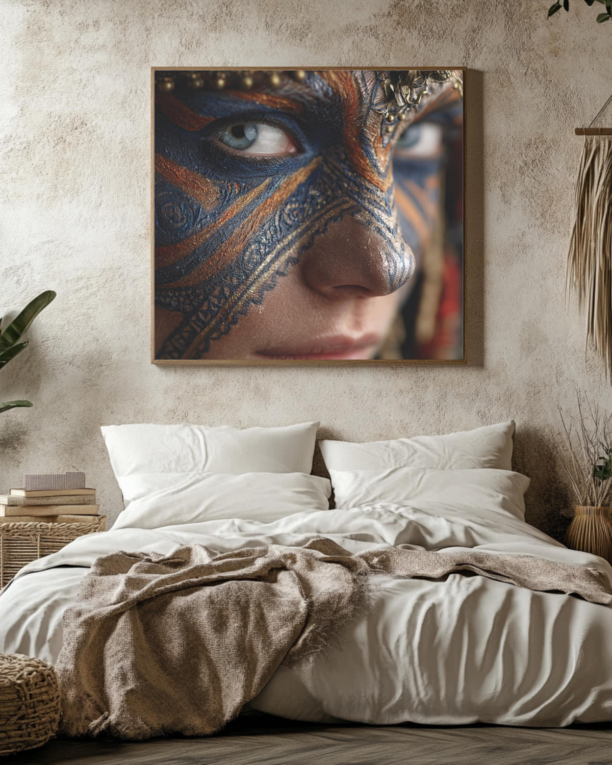 Warrior Face Paint Portrait, Tribal Blue and Gold Mask Art, Bold Cultural Expression Poster Canvas Print