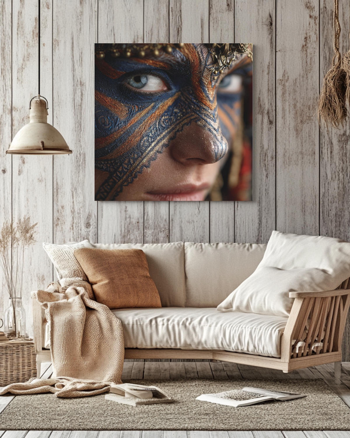 Warrior Face Paint Portrait, Tribal Blue and Gold Mask Art, Bold Cultural Expression Poster Canvas Print