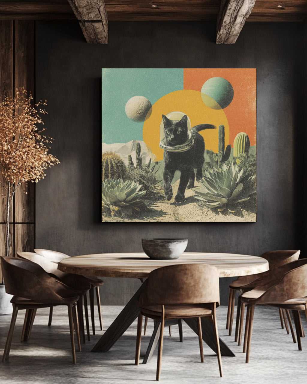 Black Cat in Space Helmet Desert Art, Surreal Cosmic Collage with Cacti and Planets, Vintage Magazine Cutout Style Poster Canvas