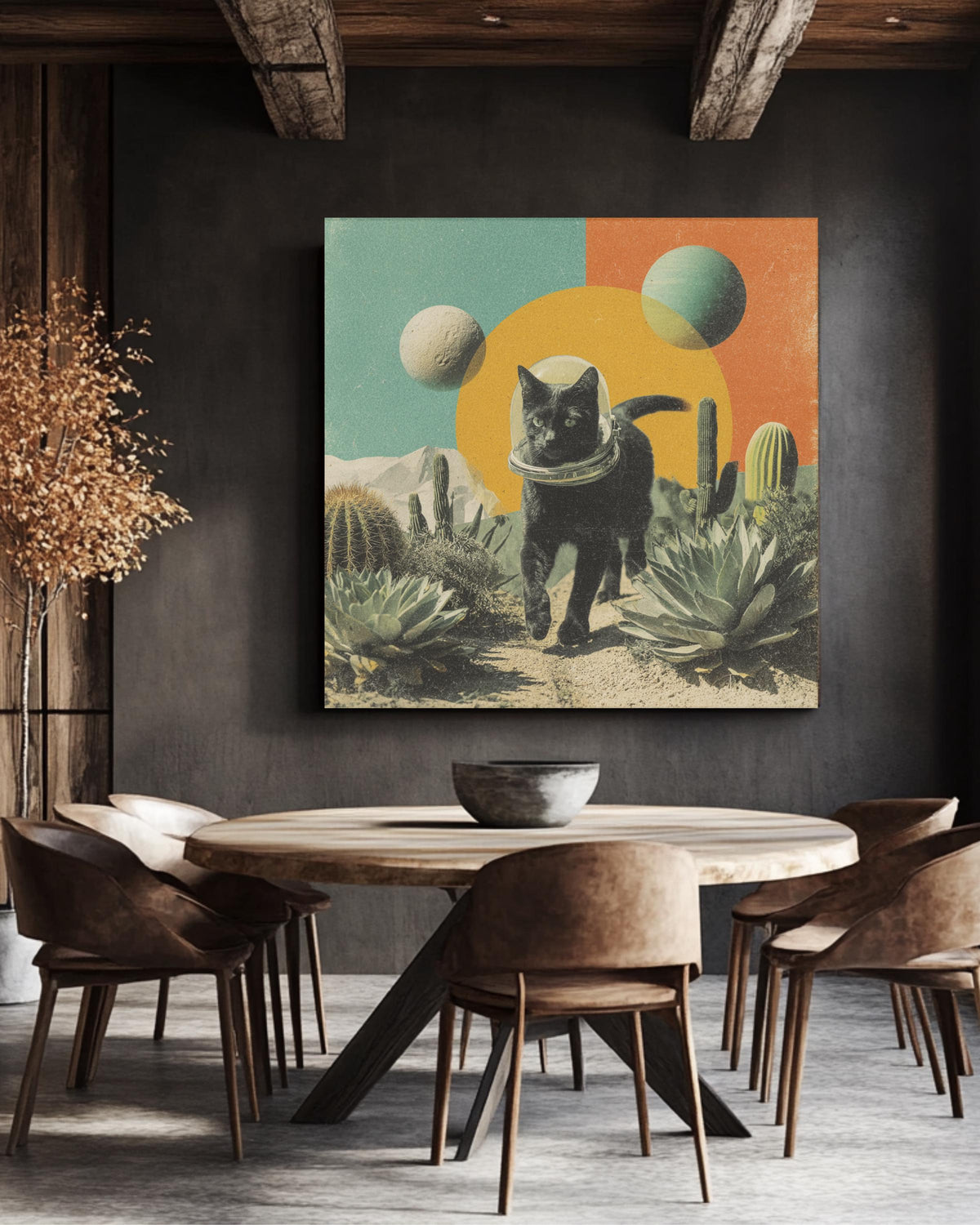 Black Cat in Space Helmet Desert Art, Surreal Cosmic Collage with Cacti and Planets, Vintage Magazine Cutout Style Poster Canvas