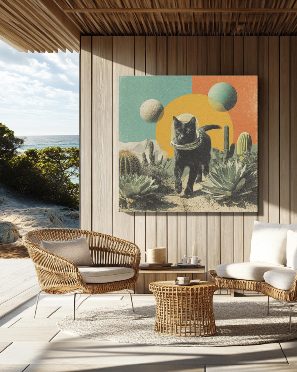 Black Cat in Space Helmet Desert Art, Surreal Cosmic Collage with Cacti and Planets, Vintage Magazine Cutout Style Poster Canvas