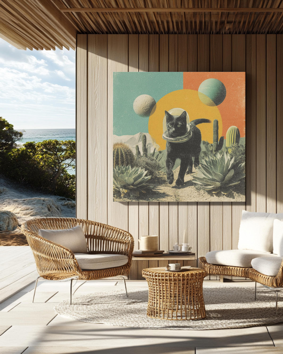 Black Cat in Space Helmet Desert Art, Surreal Cosmic Collage with Cacti and Planets, Vintage Magazine Cutout Style Poster Canvas