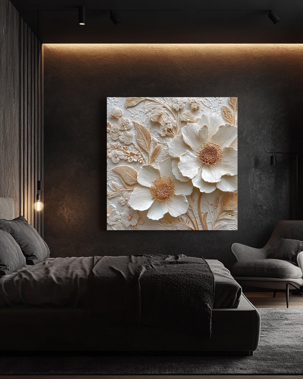 Romantic Floral Bas-Relief Sculpture Art, Delicate Flower Composition with Whimsical Details, Elegant Textured Poster Canvas