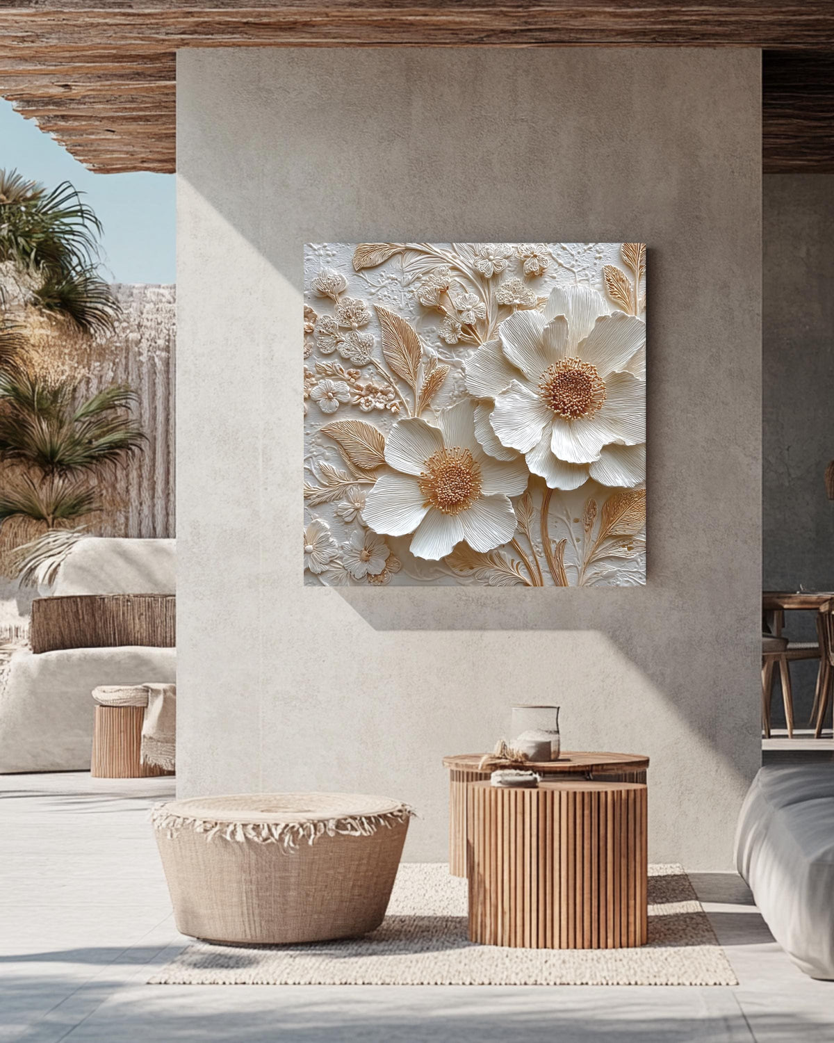 Romantic Floral Bas-Relief Sculpture Art, Delicate Flower Composition with Whimsical Details, Elegant Textured Poster Canvas