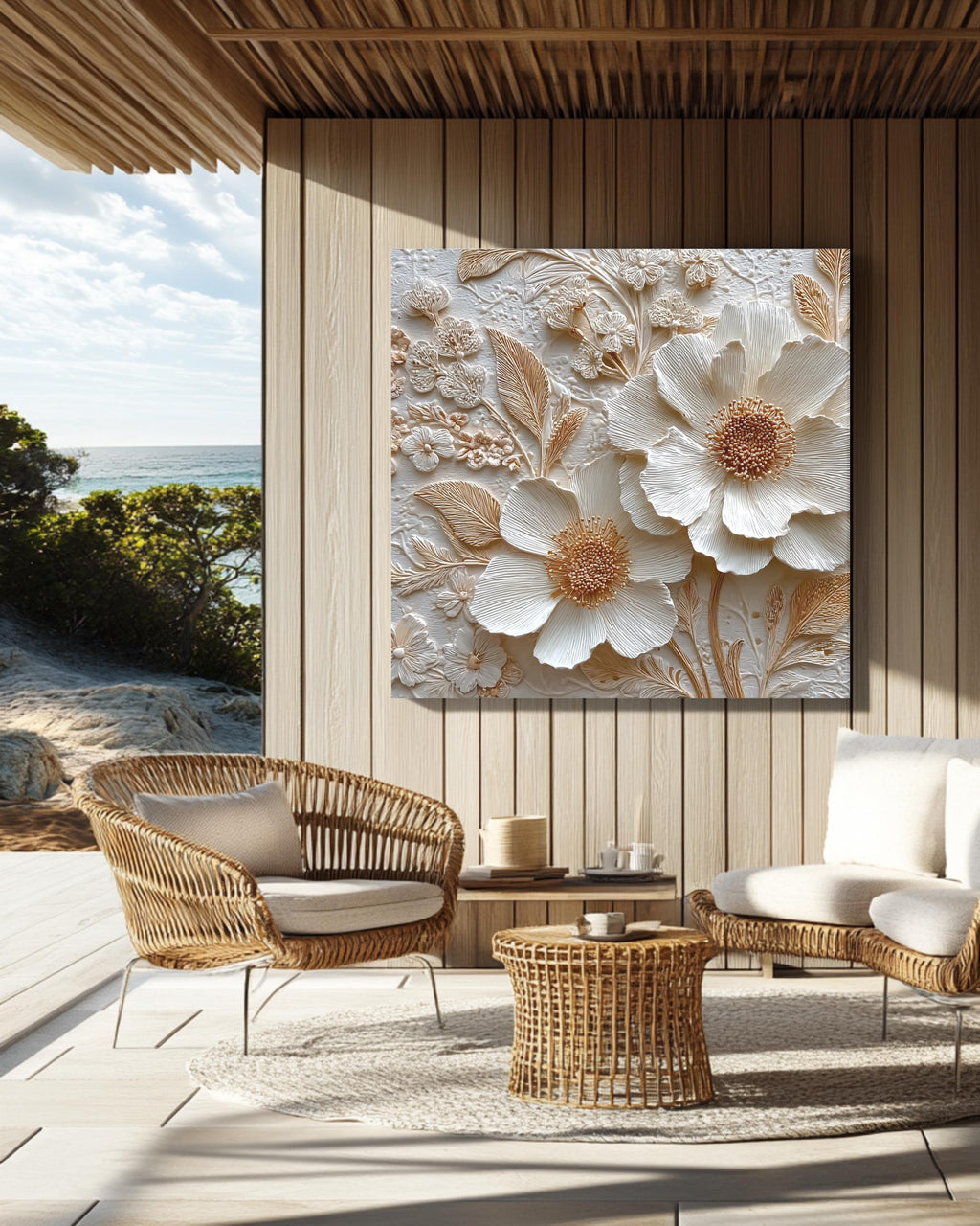 Romantic Floral Bas-Relief Sculpture Art, Delicate Flower Composition with Whimsical Details, Elegant Textured Poster Canvas