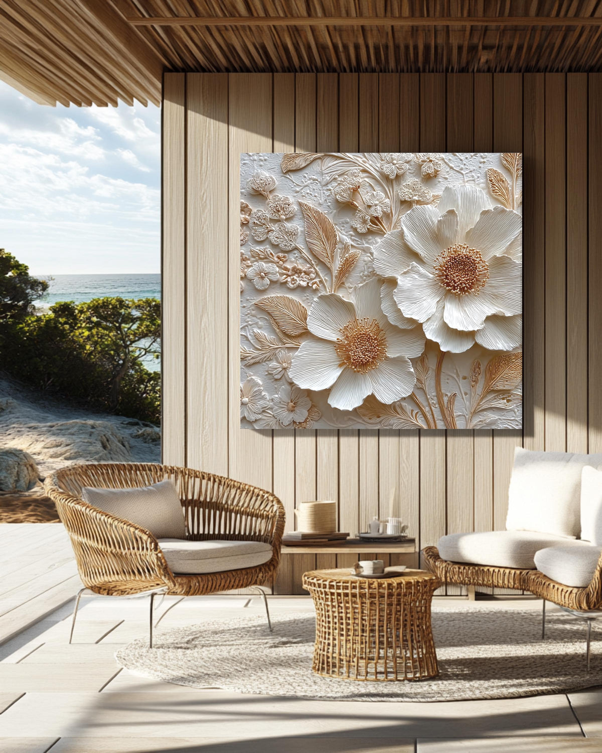 Romantic Floral Bas-Relief Sculpture Art, Delicate Flower Composition with Whimsical Details, Elegant Textured Poster Canvas