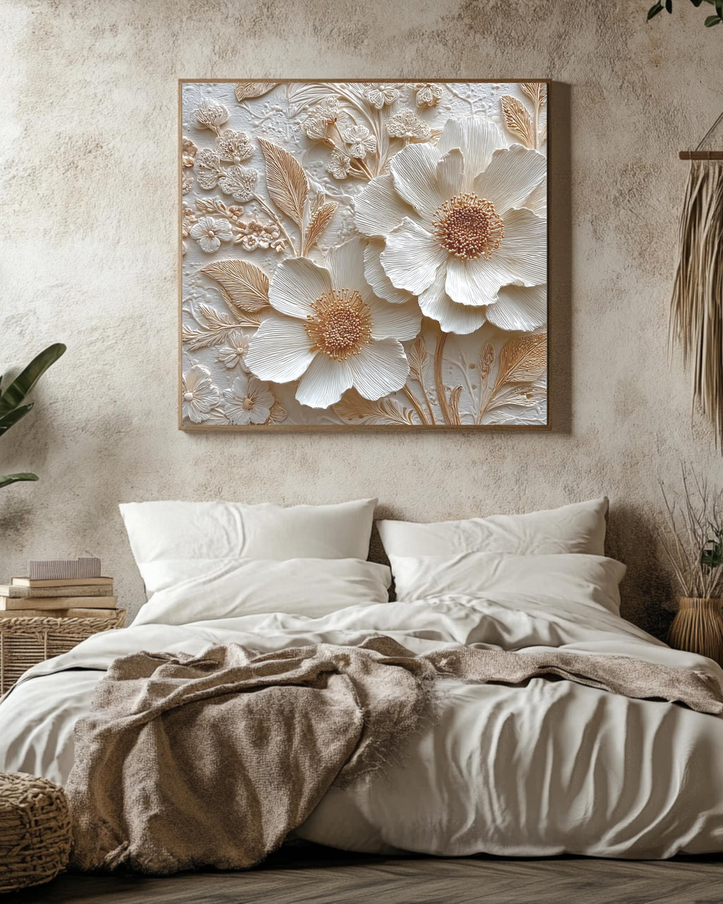 Romantic Floral Bas-Relief Sculpture Art, Delicate Flower Composition with Whimsical Details, Elegant Textured Poster Canvas