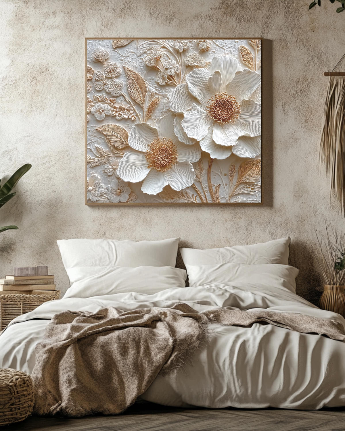 Romantic Floral Bas-Relief Sculpture Art, Delicate Flower Composition with Whimsical Details, Elegant Textured Poster Canvas