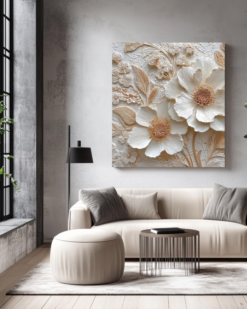 Romantic Floral Bas-Relief Sculpture Art, Delicate Flower Composition with Whimsical Details, Elegant Textured Poster Canvas
