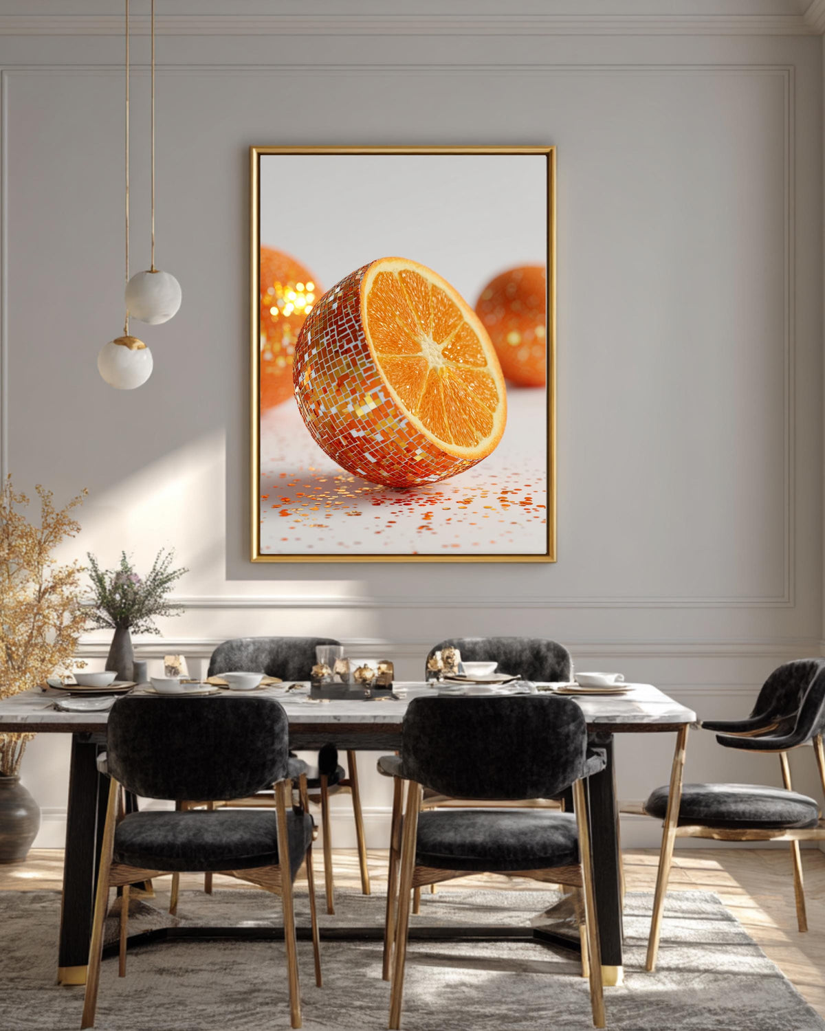 Photorealistic Disco Ball Orange Wall Art, Hyper-Realistic 3D Render Fruit Photography, Glitter Orange Close-Up