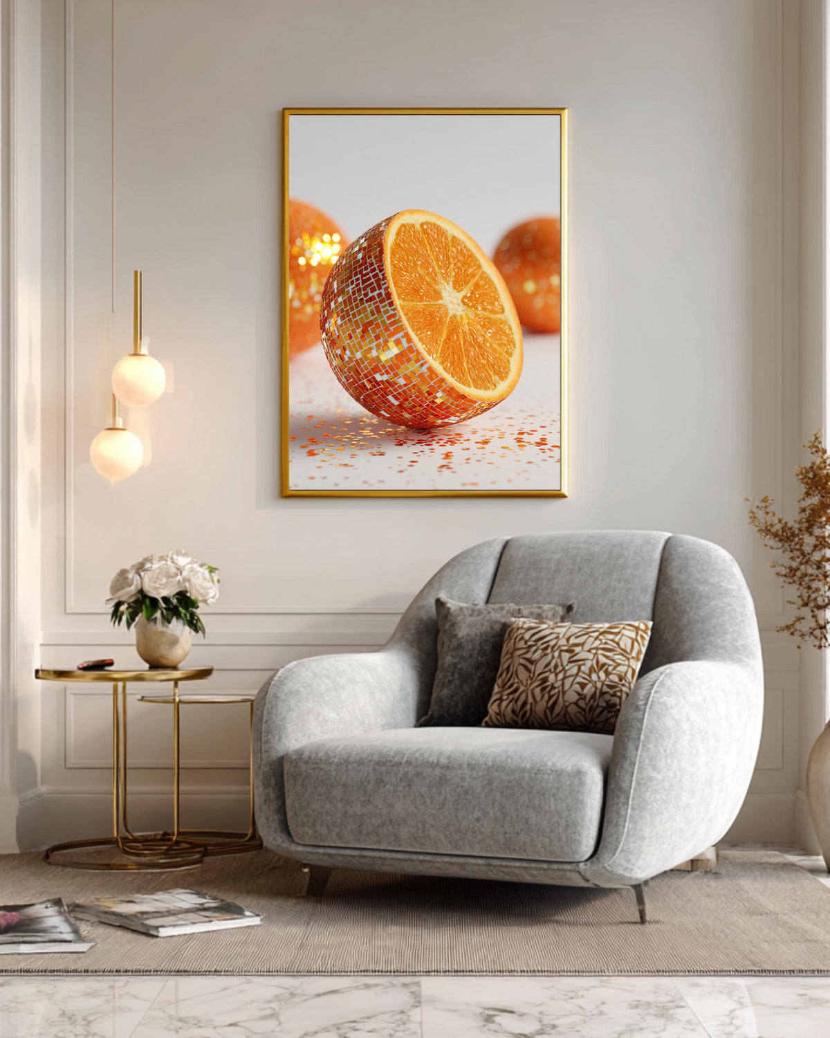 Photorealistic Disco Ball Orange Wall Art, Hyper-Realistic 3D Render Fruit Photography, Glitter Orange Close-Up
