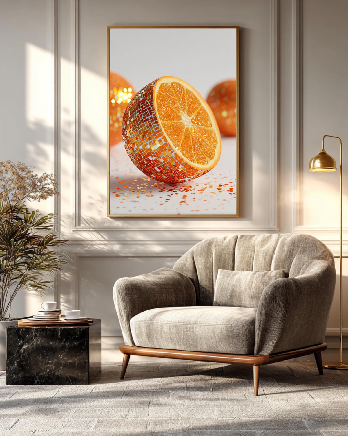 Photorealistic Disco Ball Orange Wall Art, Hyper-Realistic 3D Render Fruit Photography, Glitter Orange Close-Up