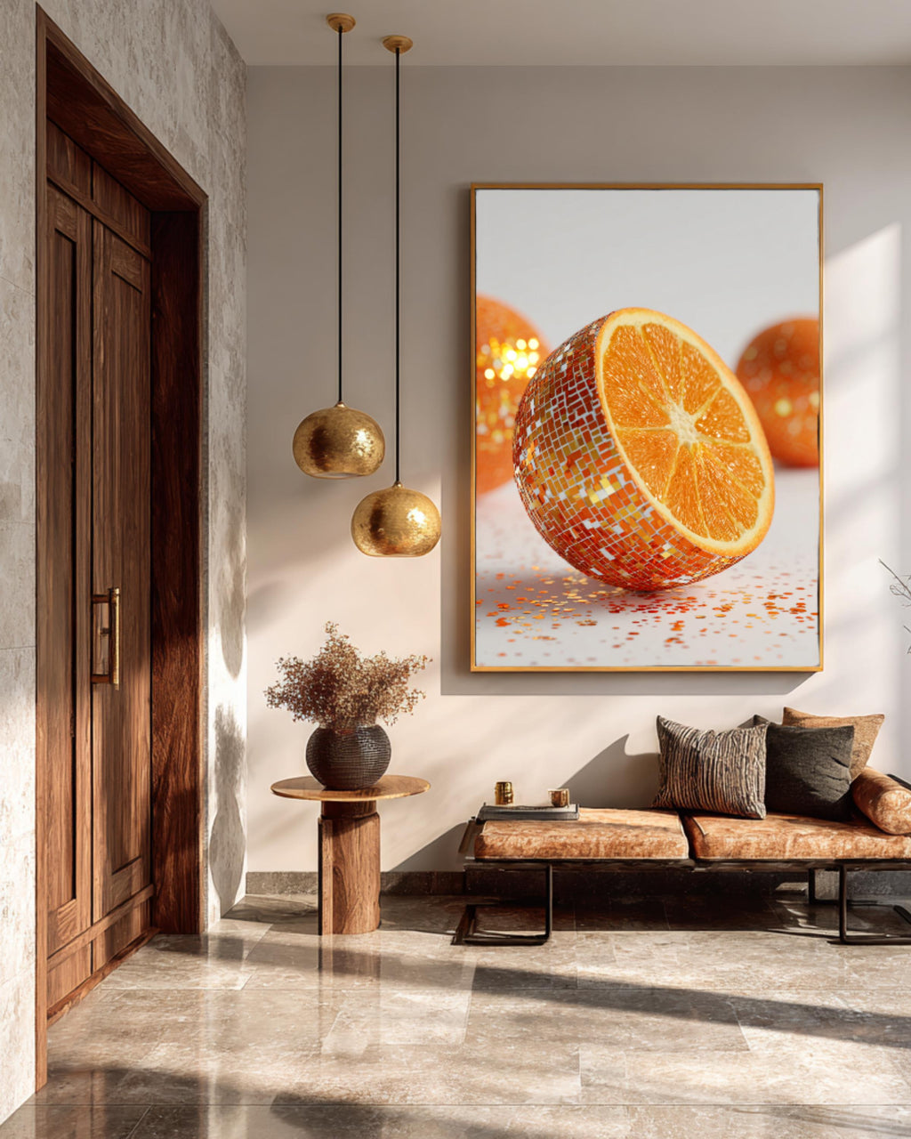 Photorealistic Disco Ball Orange Wall Art, Hyper-Realistic 3D Render Fruit Photography, Glitter Orange Close-Up