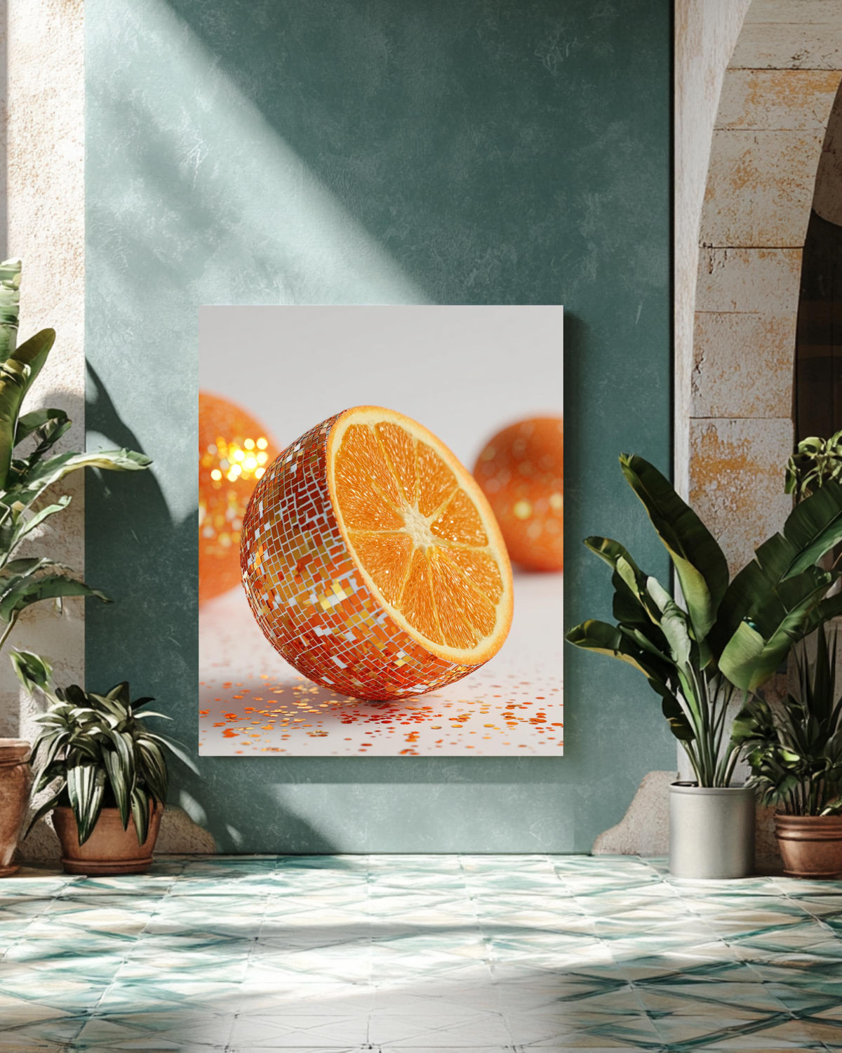 Photorealistic Disco Ball Orange Wall Art, Hyper-Realistic 3D Render Fruit Photography, Glitter Orange Close-Up