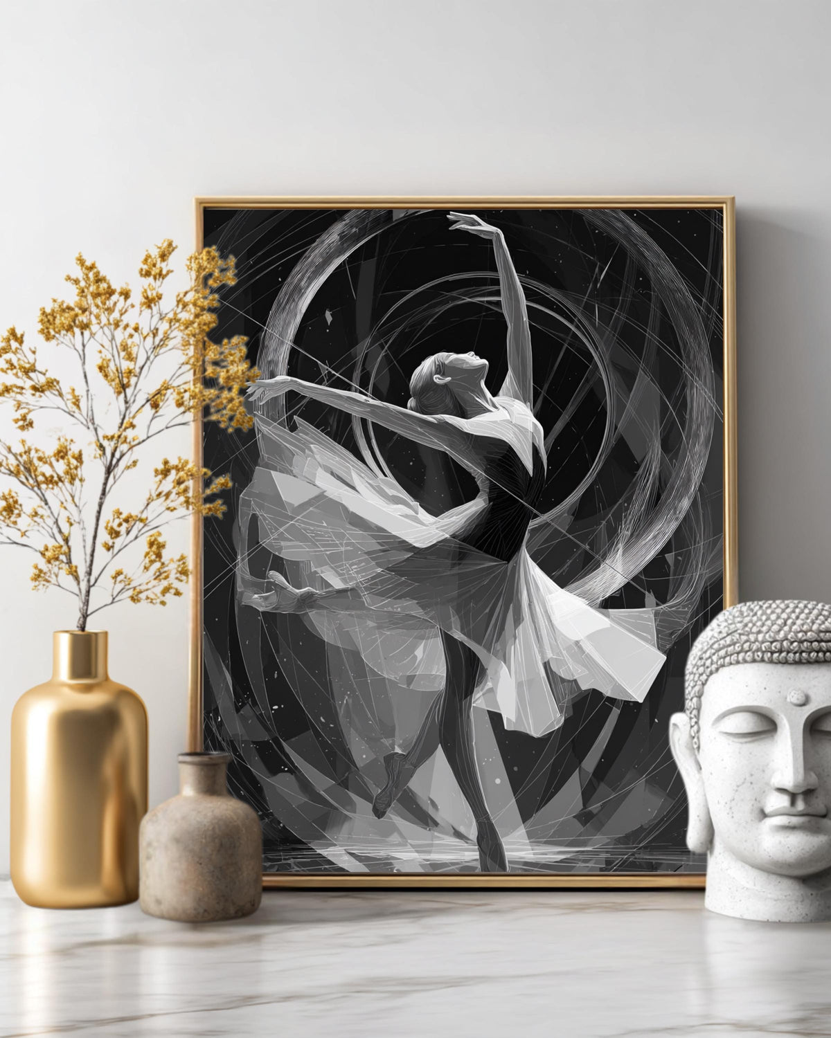 Art Deco Dancer Wall Art, Elegant Geometric Illustration in Silver Metallic Lines, Dynamic Circular Frame Design